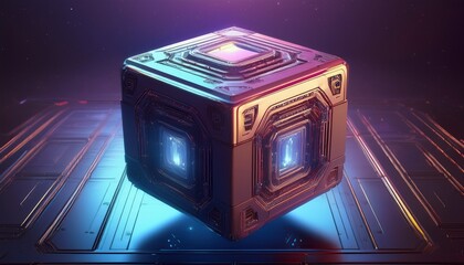 3d render of alien cube device hovering slightly above surface