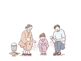 線香花火をしている家族（背景白）