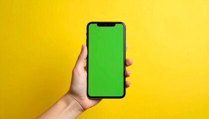 Hand holding a smartphone with a green screen against a yellow background (1)