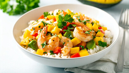 Shrimps with mango avocado and red pepper salsa on cauliflower rice in a white bowl. Ai