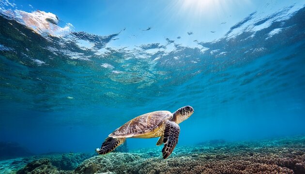 a sea turtle swimming in the clear blue water of an ocean sunlight filtering through the surface creating gentle ripples and illuminating marine life below