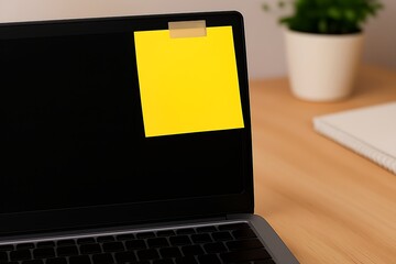 laptop on table with sticky note pasted in office 