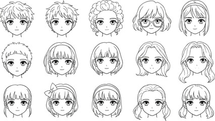 Anime manga faces and hairstyles collection, cute girl and boy expressions, black and white line art, diverse character designs