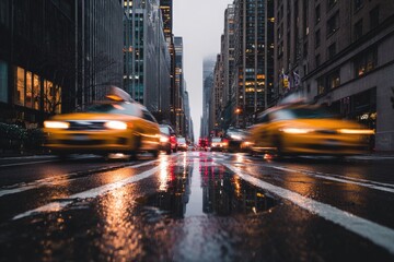 Busy city street at night. Urban rush hour in a rainy season