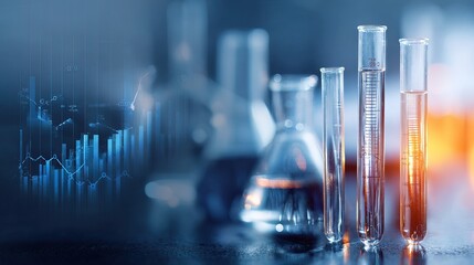 Laboratory glassware including test tubes and flasks with chemical liquids, overlaid with abstract financial and data charts in a scientific and technological setting.