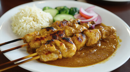 Chicken satay with rice and vegetables on a plate.