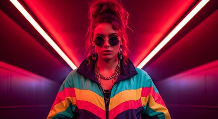 Woman in colorful retro jacket with sunglasses under red neon lights