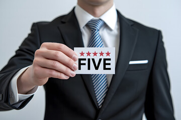 Businessman Presenting a Five-Star Rating Card