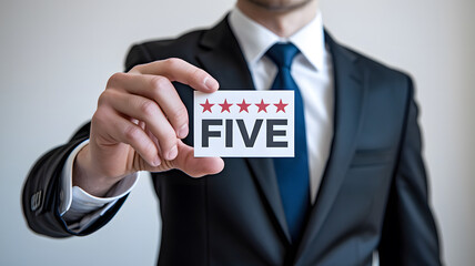 Businessman Holding a Card Showing Five Stars