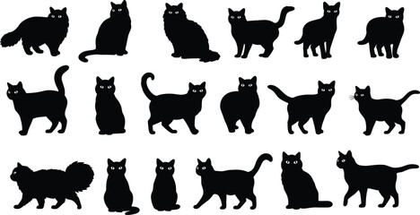 Black cat silhouettes vector, feline clipart set, cat shape bundle, spooky Halloween cats, domestic pet icons, walking sitting cats
