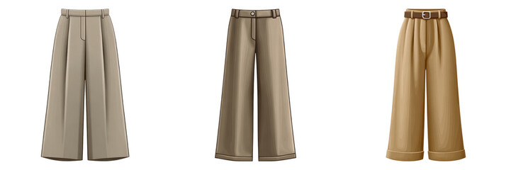 Wide leg trousers beige, brown, and tan colors with belt and pleated design, casual and comfortable clothing for various