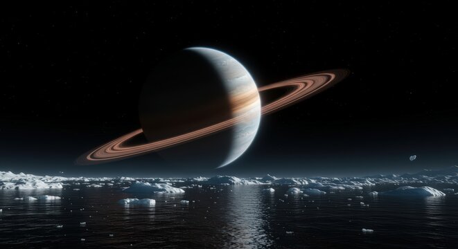 Hyper-realistic space landscape of frozen alien planet with glowing rings reflecting on crystal sea—captivating backdrop for movie posters, game concept art, and futuristic exploration themed marketin