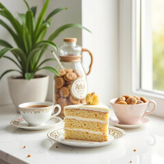 breakfast with coffee and cake and cookies near window
