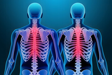 3D Illustration of a Human Spine with Back Pain. A medical illustration showcasing a human spine with highlighted back pain. AI generated