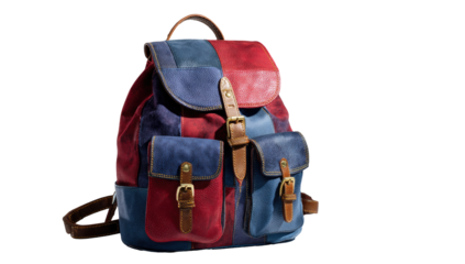 Multi-colored patchwork backpack.  Leather & canvas