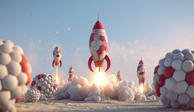 Rocket launch surrounded by spherical objects