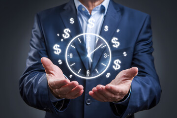 Businessman Holding Holographic Clock with Dollar Signs Representing Time is Money. AI generated