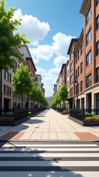 Sunny Urban Pedestrian Street with Modern Architecture and Green Trees