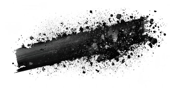 Black paint stroke with particles isolated on transparent background