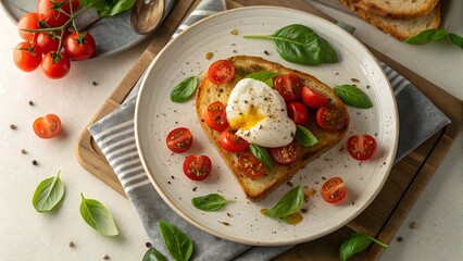 a plate with toast, tomatoes, fresh basil leaves, and a poached egg, shot from above, natural lighting, high quality, detailed, appetizing