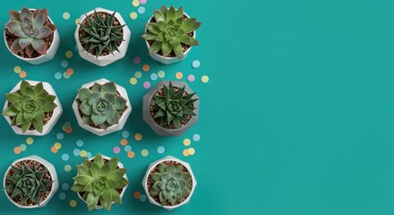 Colorful succulent collection in modern planters against bold teal flat-lay, accented by confetti—fresh botanical scene for social media posts, lifestyle blogs and eco-friendly product placements.