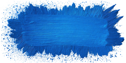 A bold blue brush stroke with paint splatters isolated on transparent background
