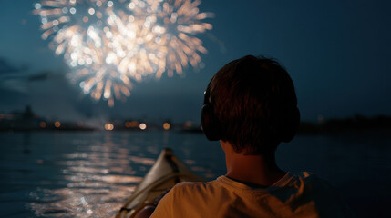 Young man with headphones kayaking at night watching fireworks display