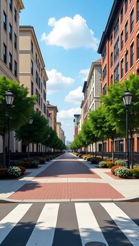 Symmetrical Urban Street with Green Trees and Brick Path on a Sunny Day