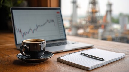 A coffee cup, notebook, and pen sit on a wooden table in front of a laptop displaying a financial graph.