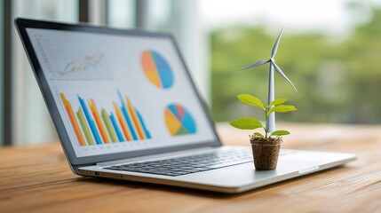 A small plant pot with a wind turbine model grows on a laptop keyboard, symbolizing green energy and sustainability alongside digital data and charts.