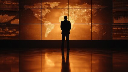 Silhouette of a person standing before a large, glowing world map projected onto a wall of screens