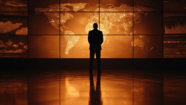 Silhouette of a person standing before a large, glowing world map projected onto a wall of screens - Powered by Adobe