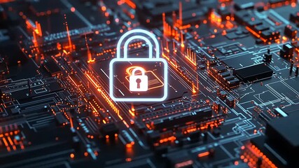 Futuristic digital circuit board with glowing lock symbol, representing cybersecurity and data protection - Powered by Adobe