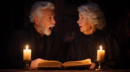 Elderly couple reading by candlelight indoors. - Powered by Adobe