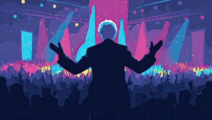 A concert or event, featuring a speaker and a large crowd