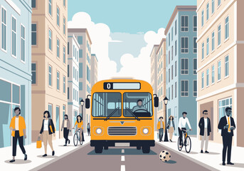 A yellow bus is the central focus on a busy city street with pedestrians, cyclists, and tall buildings.