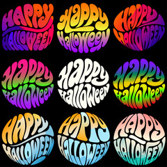 Set of nine “Happy Halloween” text designs in various spooky styles