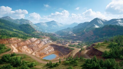 Rare earth minerals sourcing concept. A panoramic view of a mountainous open-pit mine with terraced excavation, surrounded by lush green forests and a small water pool at the base.