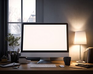 Home office workspace at night