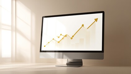 Computer screen displaying upward trend graph in a light room
