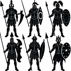 Obraz premium Gladiator & Warrior Silhouettes - Ancient Roman & Greek Soldier Vector Set