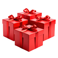 Obraz premium A festive arrangement of four shiny red gift boxes with elegant bows, perfect for holiday celebrations.