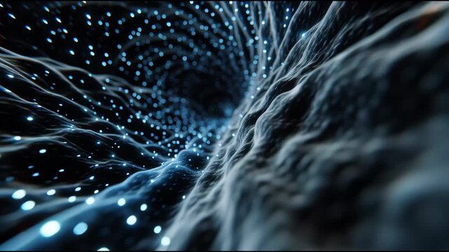 Futuristic Quantum Abstract Neural Network with Glowing Blue Bokeh Particles in Deep Space Visualizing Science and Technology Background for AI, Data, Connectivity, Innovation, Cyber Digital Art