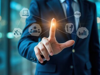 Skills Development and Learning. Personal growth concept. Businessman interact with icons representing skills, education, learning, personal development and professional growth threads.