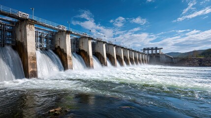 A large concrete dam releases water under a bright blue sky with scattered clouds, surrounded by hills and flowing river below.