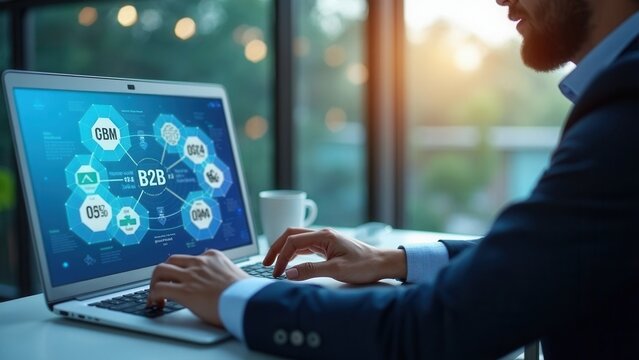 B2B business strategy concept. Businessman working with a B2B virtual interface on a laptop, conceptualizing strategy, partnership, targets in business to business services. E-commerce.