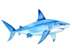 Naklejka premium Watercolor illustration of a shark. Side profile, vibrant blue, open mouth