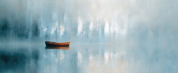 Misty lake scene with a lone boat