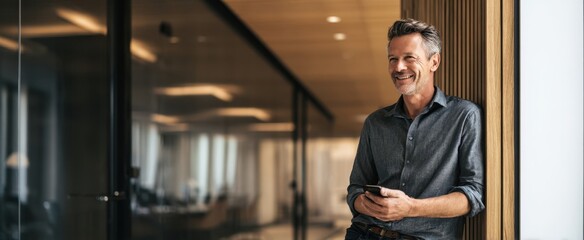 The confident man smiling while using his smartphone in a modern office environment.