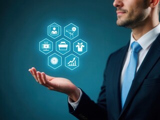 Employee Benefits and Compensation Strategy Concept. Businessman presents employee benefits options on a digital interface. Icons various benefits such as healthcare, insurance.